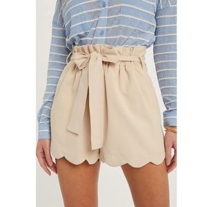 Cream-Ivory Scalloped Hem High Waisted Shorts